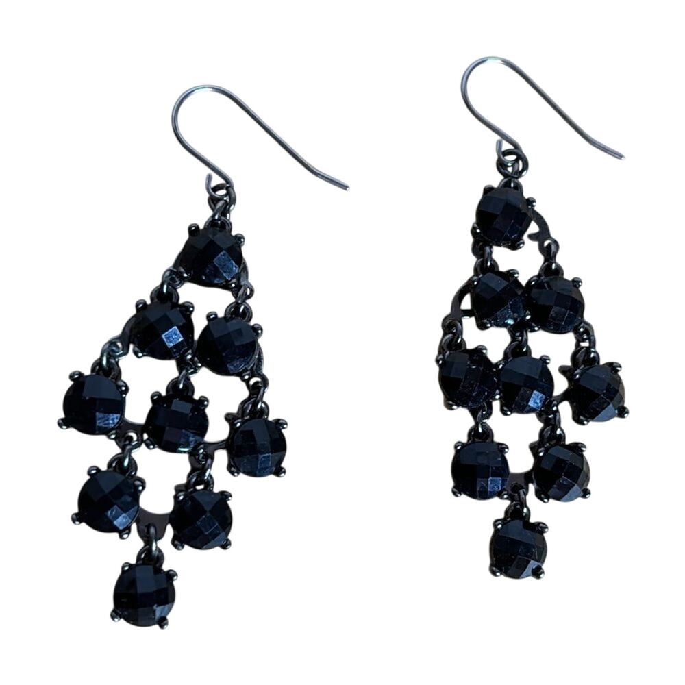 Black Faceted Crystal Chandelier Earrings Gunmetal Tone Dangle Statement